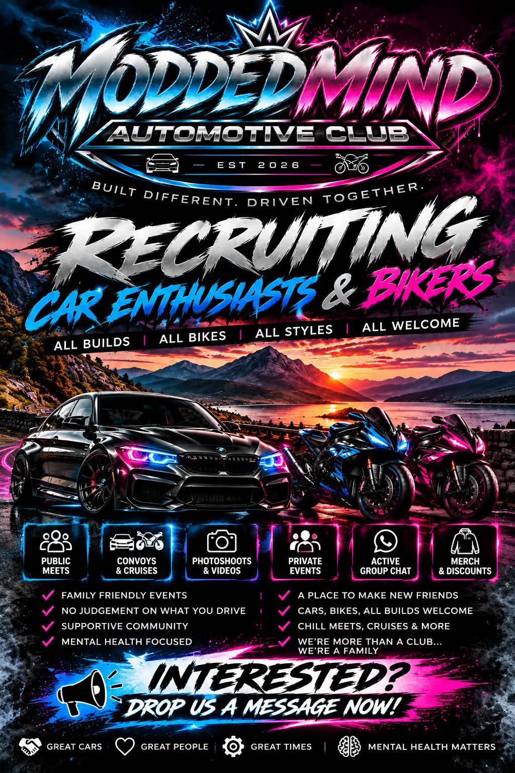 Modded Minds Automotive Club recruiting flyer: car enthusiasts and bikers, all builds welcome